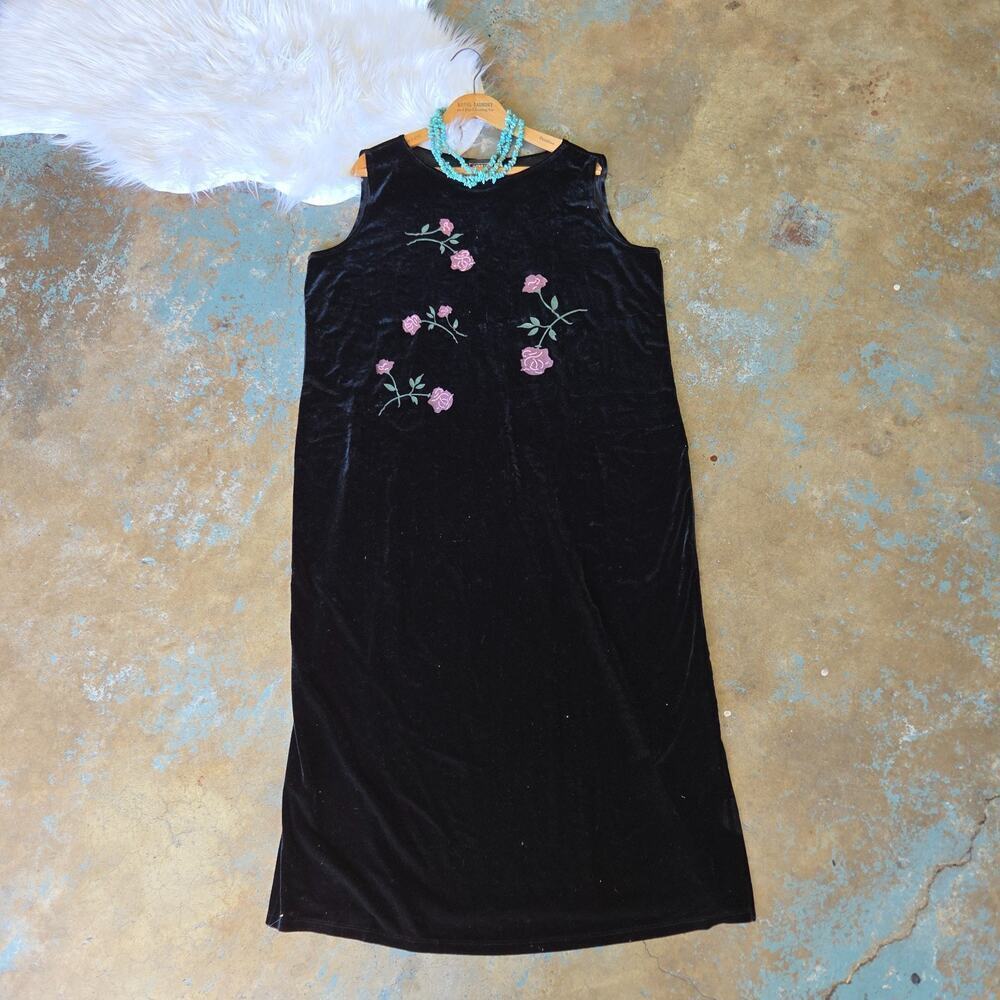 Vintage 90s Y2K Black Velvet Midi Dress Plus Size 1X Stretch Grunge Goth Floral
